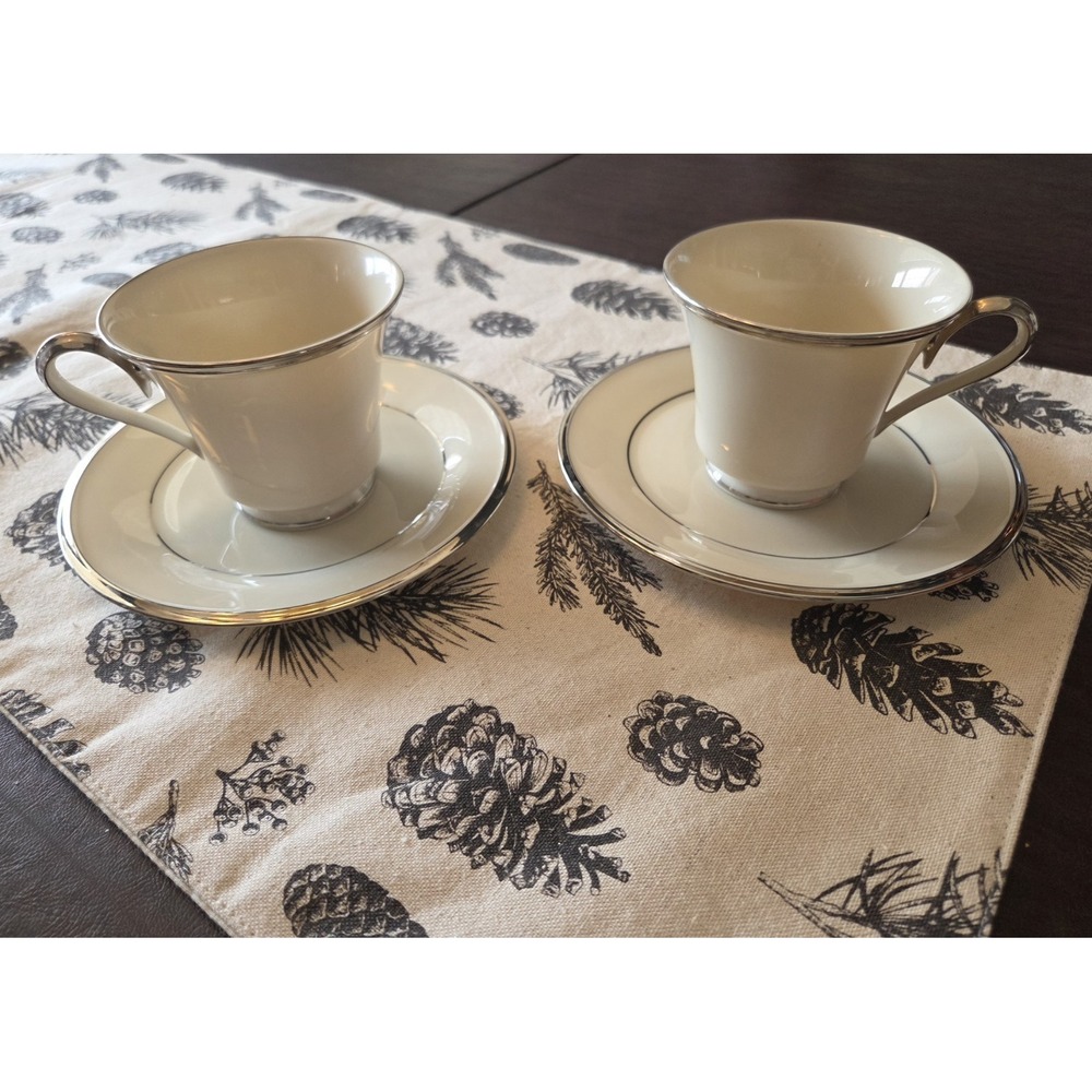 Lenox Solitaire‎ 2 Sets Cup and Saucer Dishwasher Safe Platinum Trim